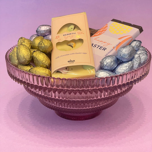Decorative glass bowl filled with chocolate easter eggs