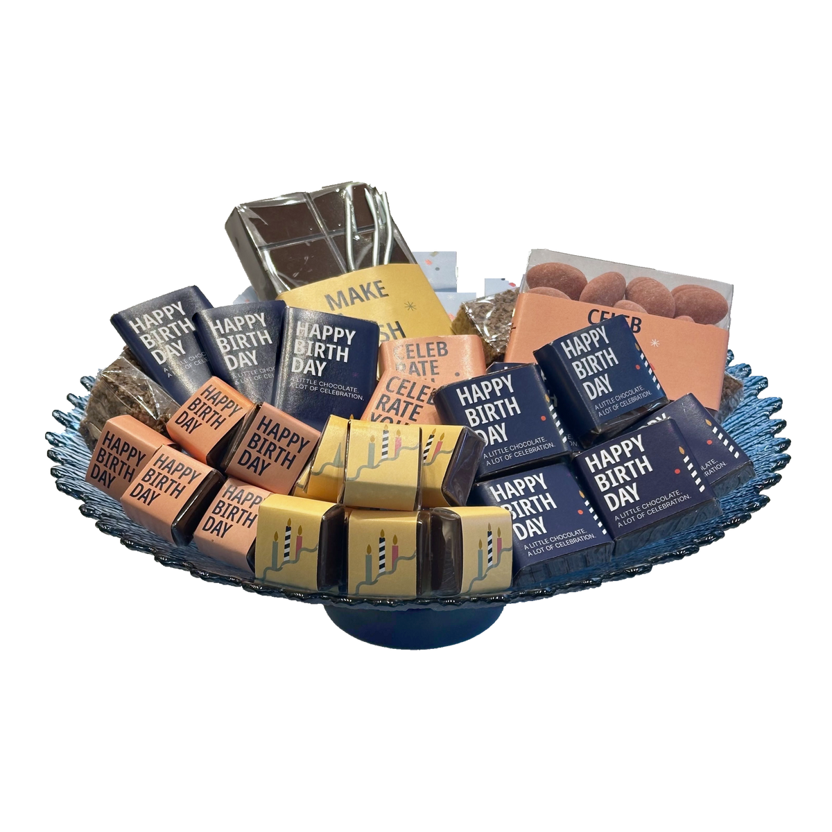 Front view of the blue footed Birthday Glass Chocolate Bowl with individually wrapped chocolates