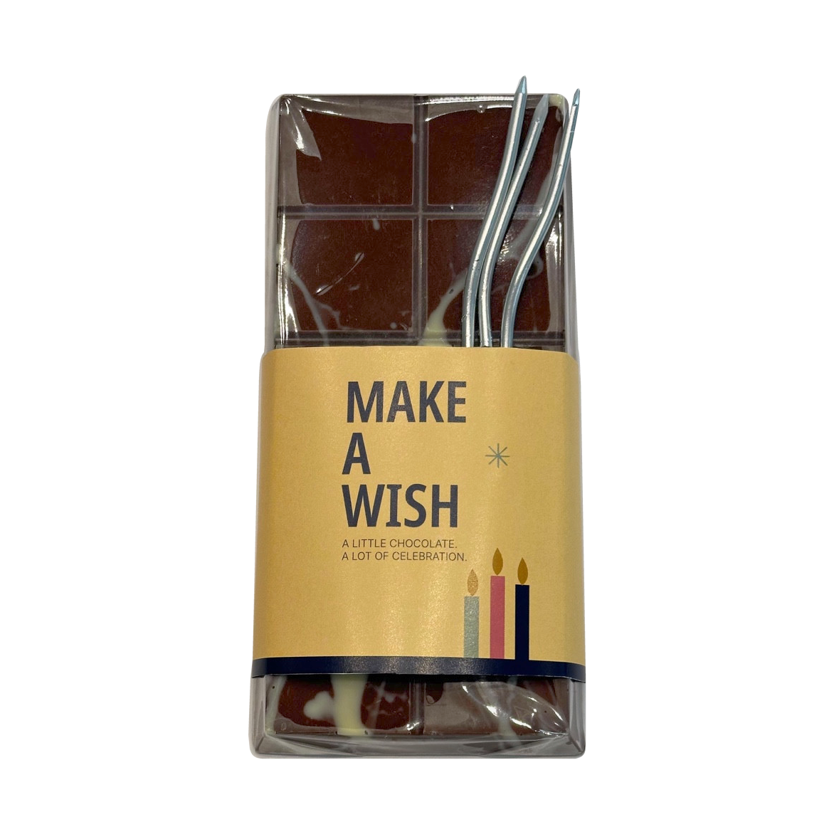 Birthday chocolate tablet with Make a Wish sleeve and candles on a white background