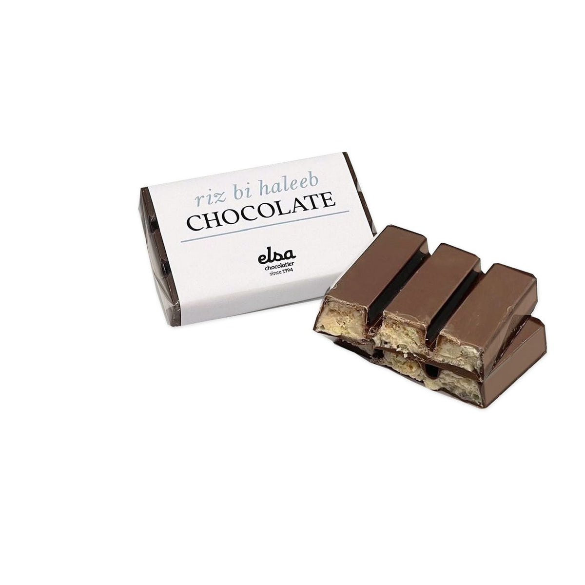 Riz bi Haleeb mini chocolate bar with its white wrapper and two stacked pieces showing the creamy filling