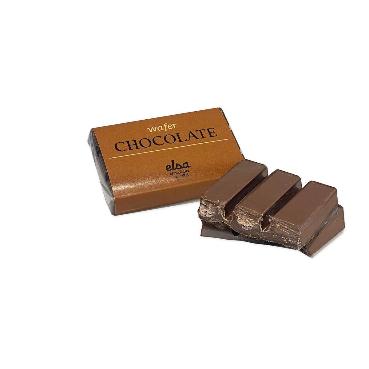 Wafer biscuit mini chocolate bar with its bronze wrapper and two stacked pieces showing the layered wafer biscuit