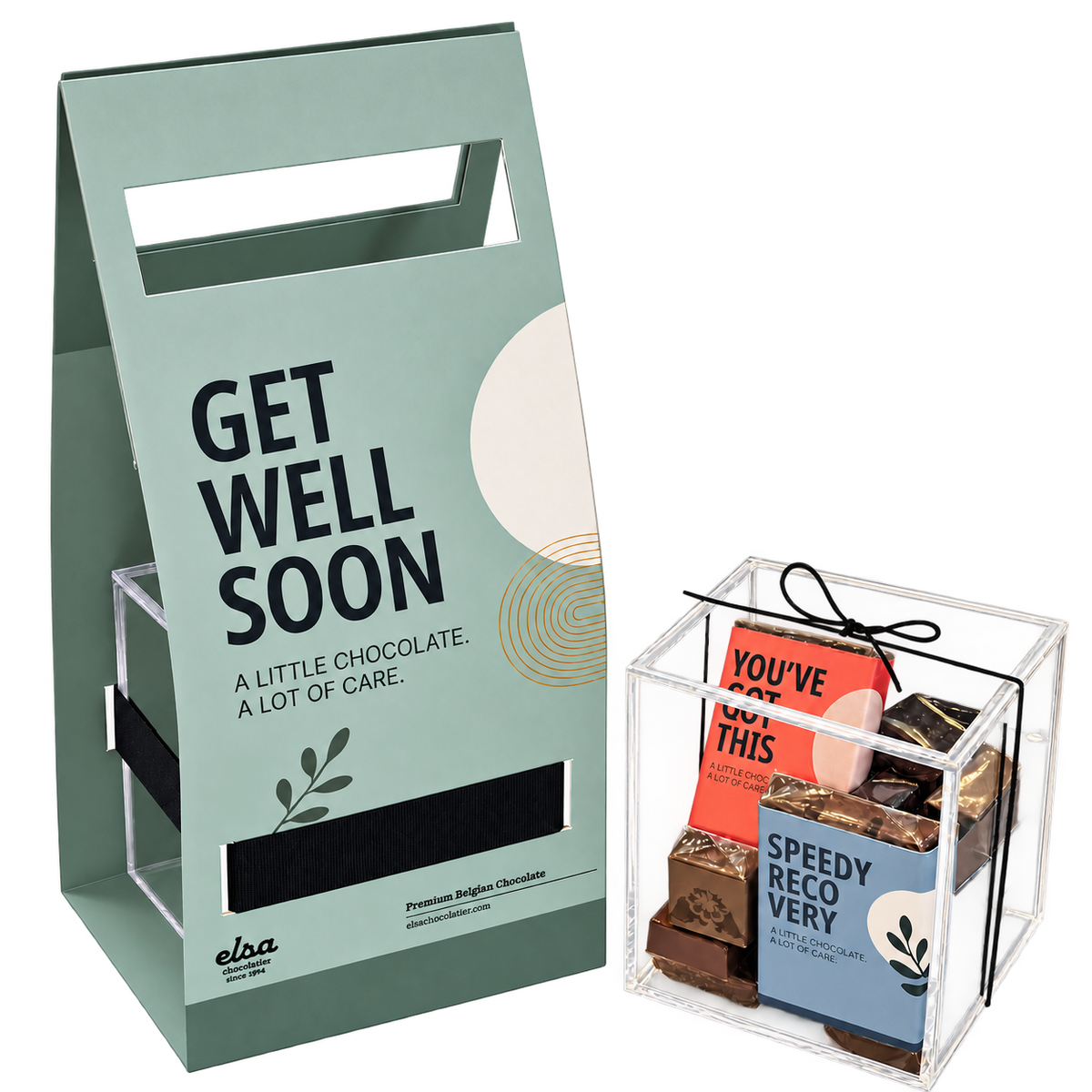 Get Well Soon Plexi Bag with clear acrylic chocolate box shown separately