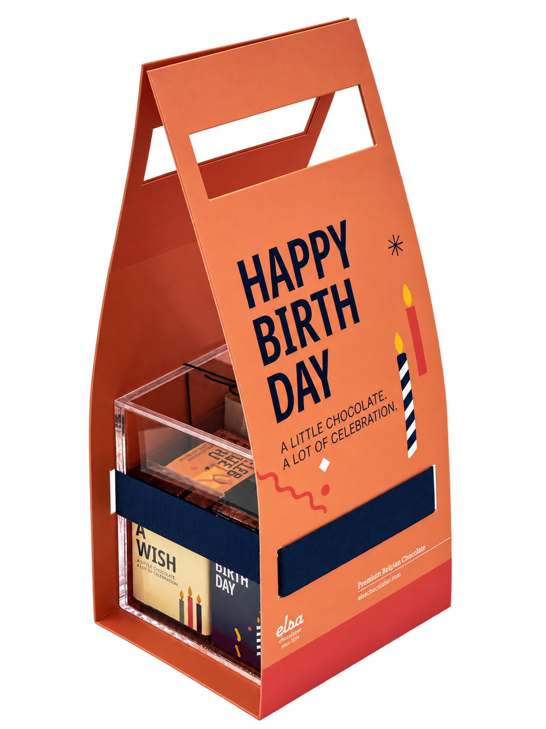 Birthday Plexi Bag angled view with clear chocolate box