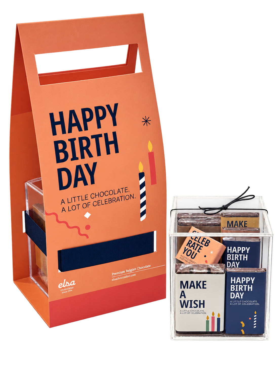 Birthday Plexi Bag beside its clear box of wrapped chocolates