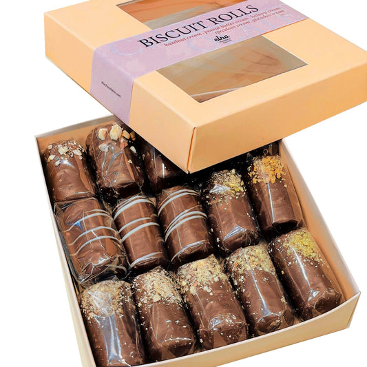 Open biscuit rolls box showing rows of coated chocolate rolls and its lid
