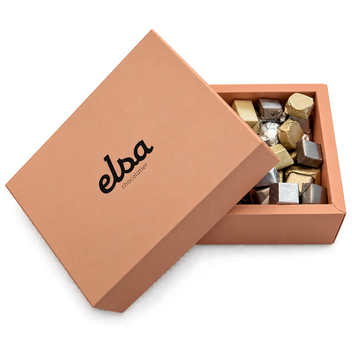 Open peach Elsa Chocolatier 1 kg box with individually wrapped chocolates
