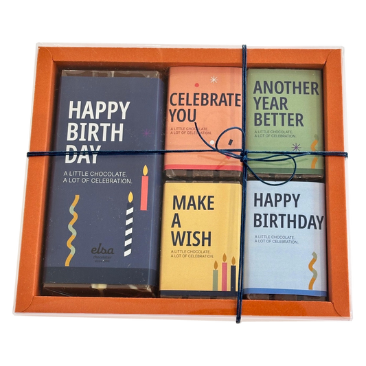 Birthday PVC chocolate box with orange border, five colorful wrapped chocolates and navy string