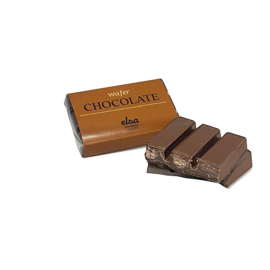 Wafer biscuit mini chocolate bar with its bronze wrapper and two stacked pieces showing the layered wafer biscuit